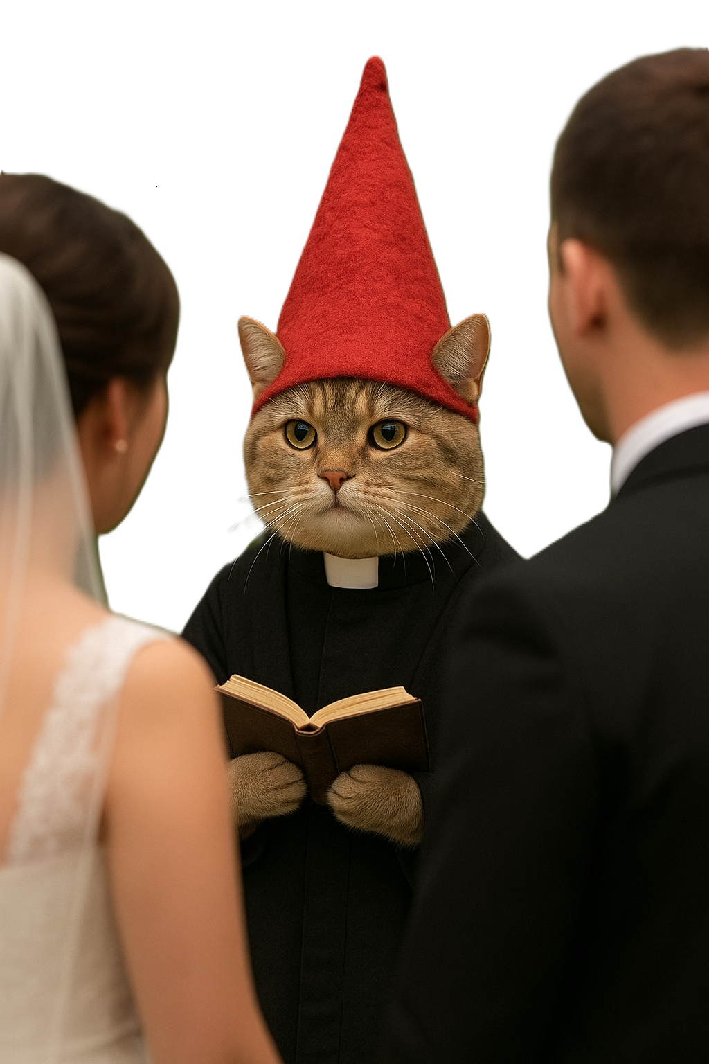 Human sized cat wearing a priest vestments and a gnome had, standing before a bride and groom